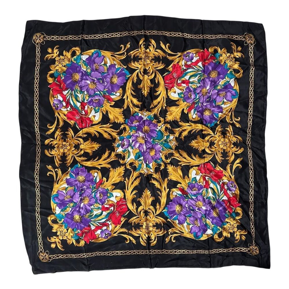 100% Silk Vintage Floral Semi Sheer Scarf Floral Baroque Neoclassical Print 31"